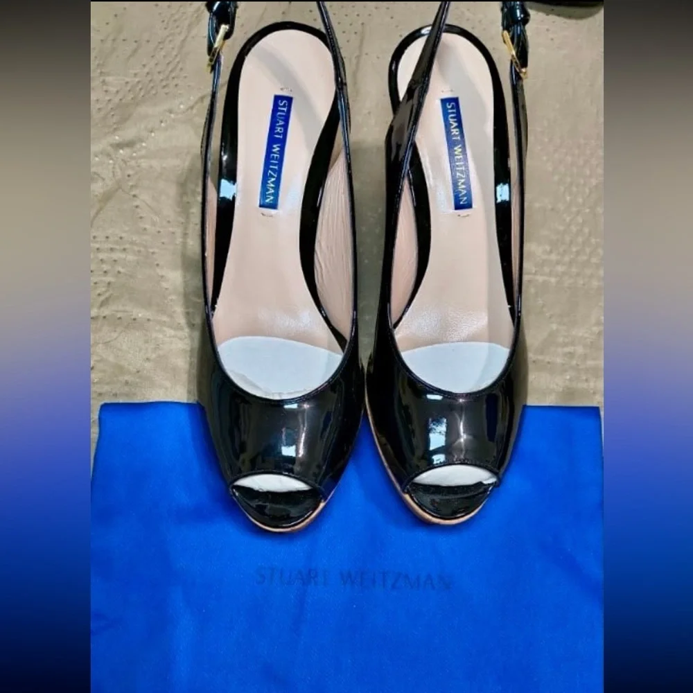 NEW Stuart Weitzman “Jean” Black Patent Leather Slingabck Cork Wedge - US 7.5 - Picture 7 of 8